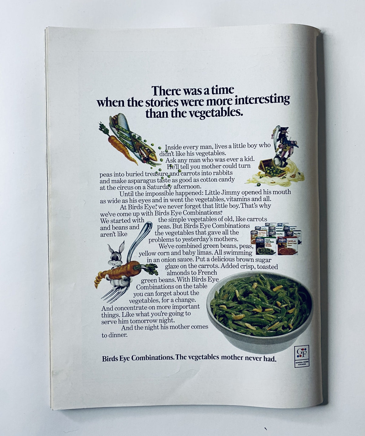 Illustration depicting a whimsical comparison of stories and vegetables, with the quote 'There was a time when the stories were more interesting than the vegetables.' Featured in 'The New Yorker Magazine November 27, 1971 Crowded Bar Illustration Charles Saxon'.