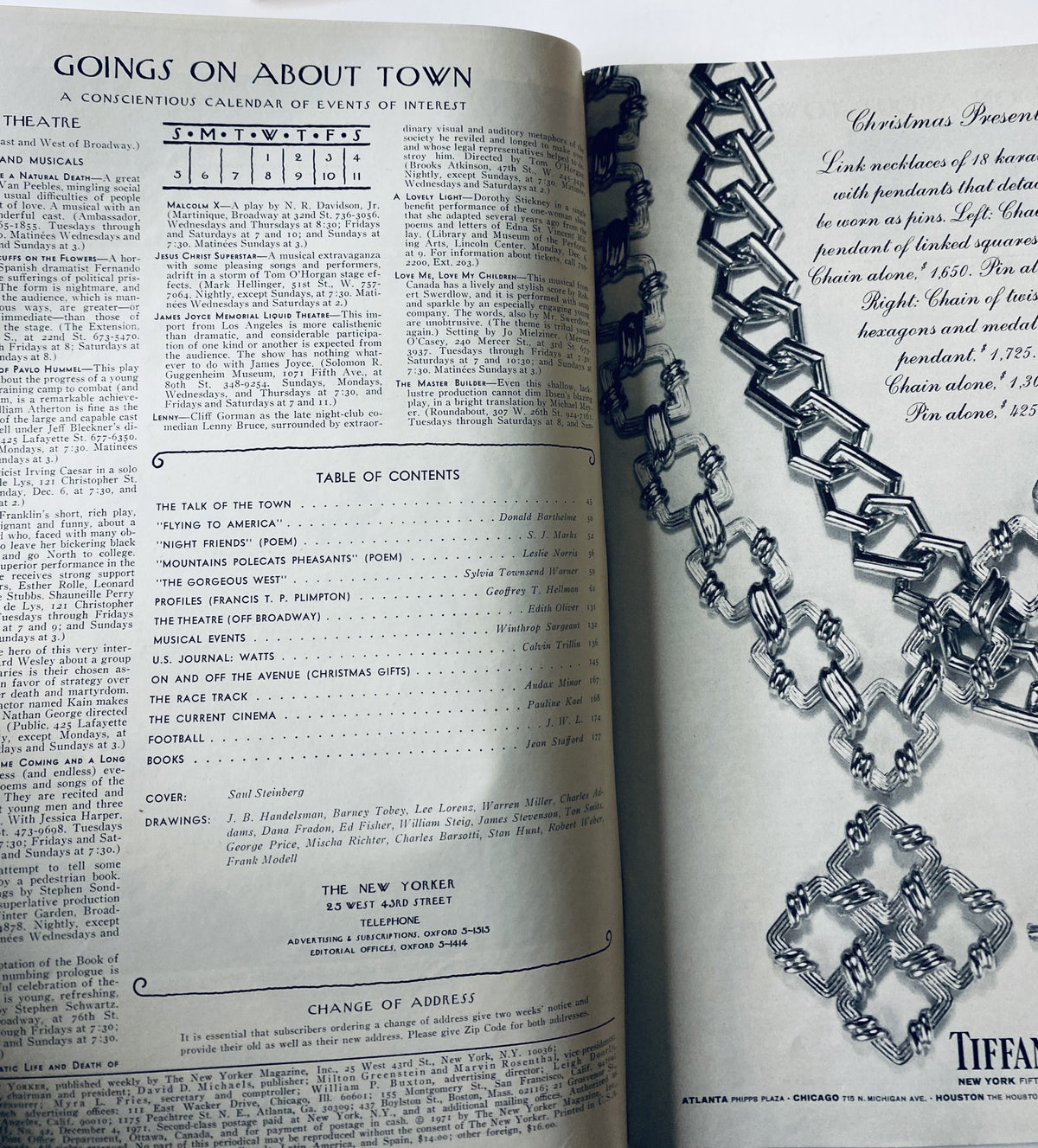 Inside spread of The New Yorker Magazine December 4, 1971 showcasing the 'Goings on about Town' section with a detailed table of contents and events calendar.