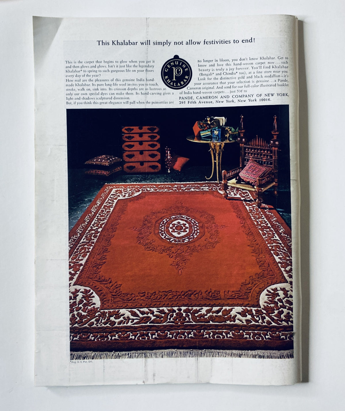 Advertisement from The New Yorker Magazine December 4, 1971 for Khalabar rugs, featuring an elegant red rug and luxurious interior decor.