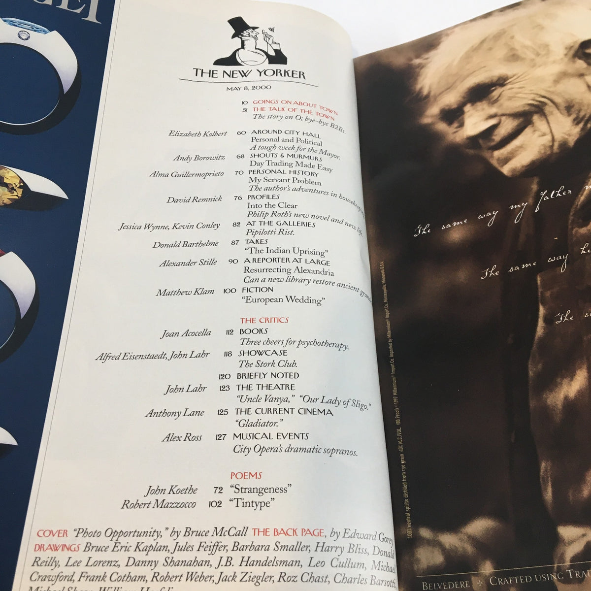 Interior page of The New Yorker Full Magazine May 8, 2000, displaying the table of contents with articles and features including insights from various writers, a cultural snapshot of the time.