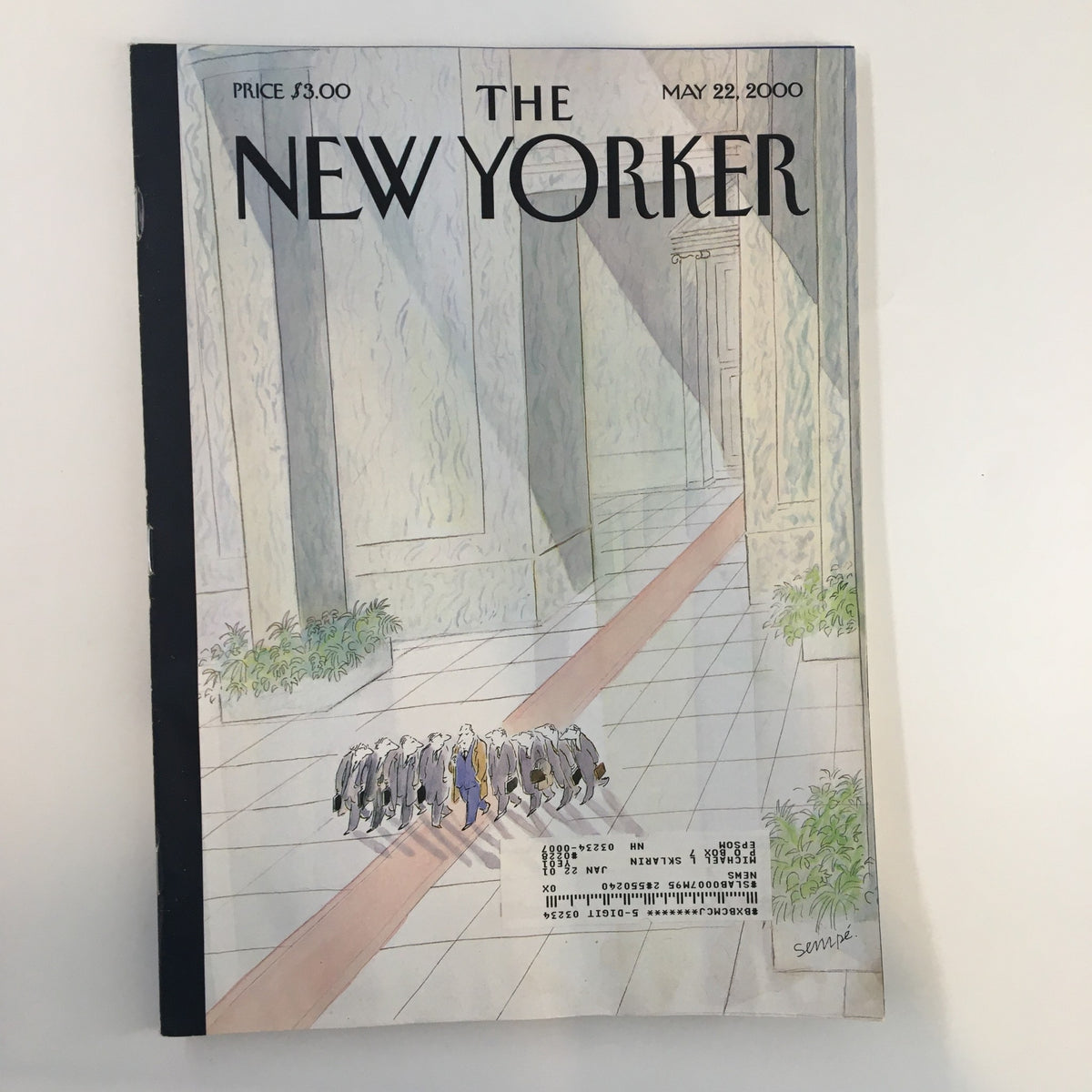 Cover of The New Yorker Full Magazine May 22 2000 featuring the artwork 'Hanging on Every Word' by J.J. Sempé, showcasing a whimsical scene with figures in a stylized interior.