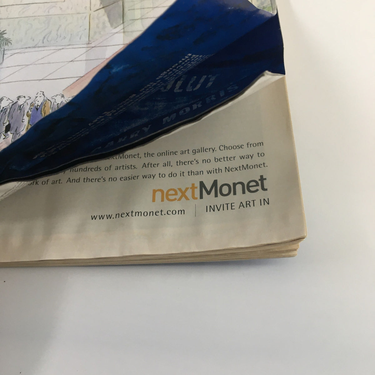 The New Yorker Full Magazine May 22 2000 showing the back cover with a peeling corner and an advertisement for nextMonet, inviting art enthusiasts to explore online galleries.