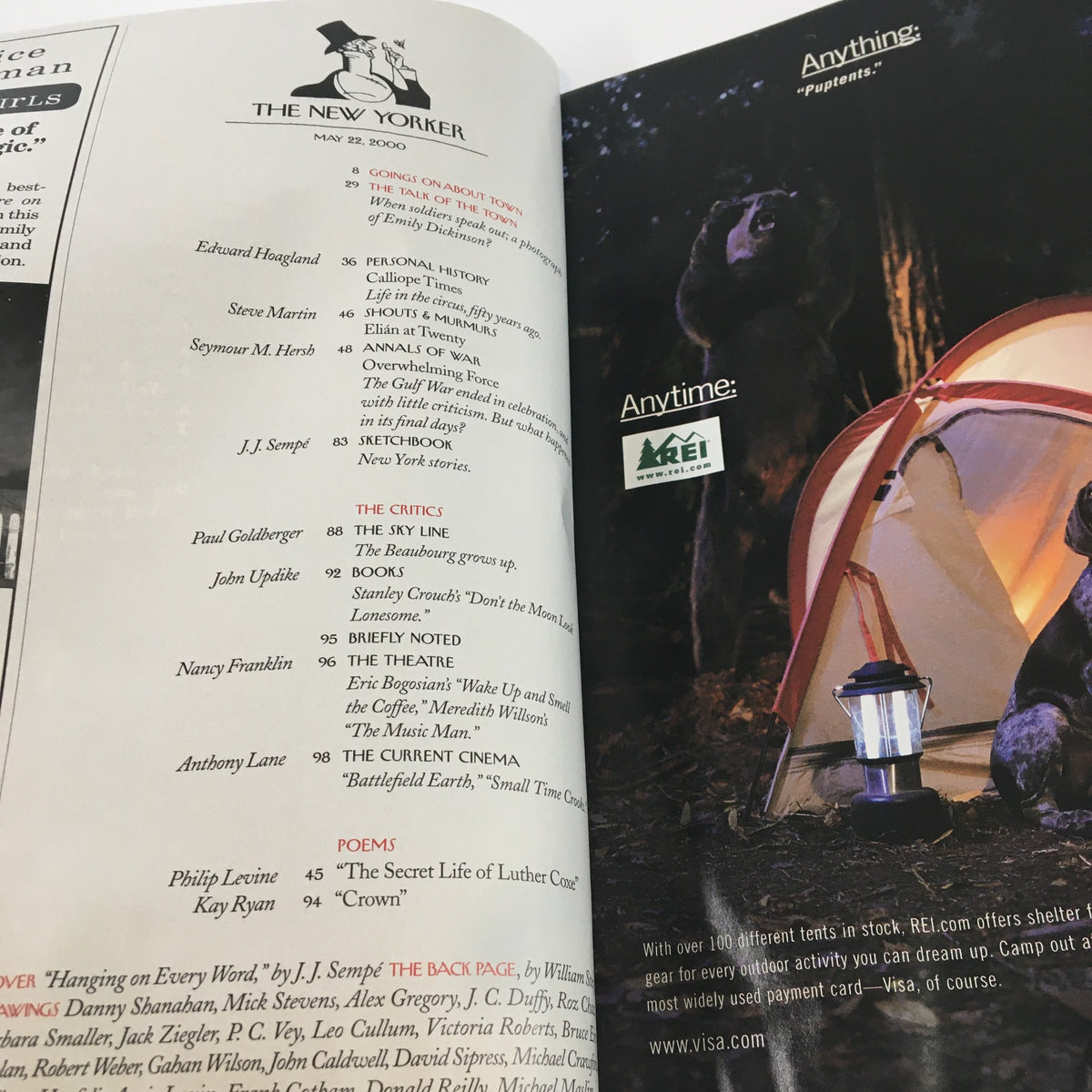 The New Yorker Full Magazine May 22 2000 featuring a page with the table of contents, highlighting articles and contributions from notable writers, including J.J. Sempe's 'Hanging on Every Word'.