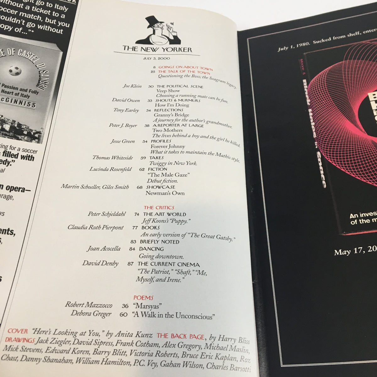 The New Yorker Full Magazine July 3 2000 interior page showcasing the table of contents and contributors for this iconic issue.
