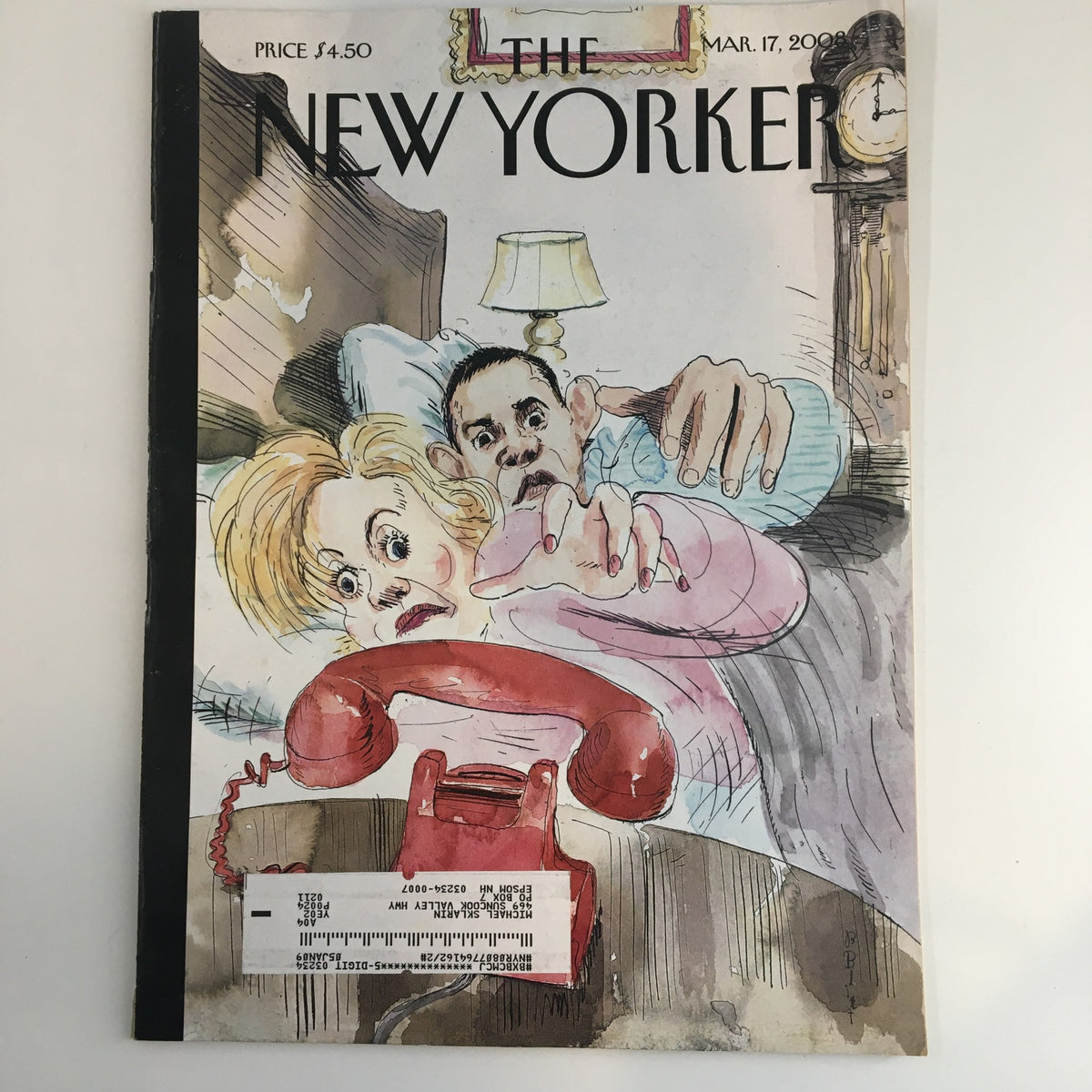 The New Yorker Full Magazine March 17 2008 cover featuring the illustration 'I'll Get It' by Barry Blitt, depicting a comedic scene with a startled couple in bed, focused on a red telephone.
