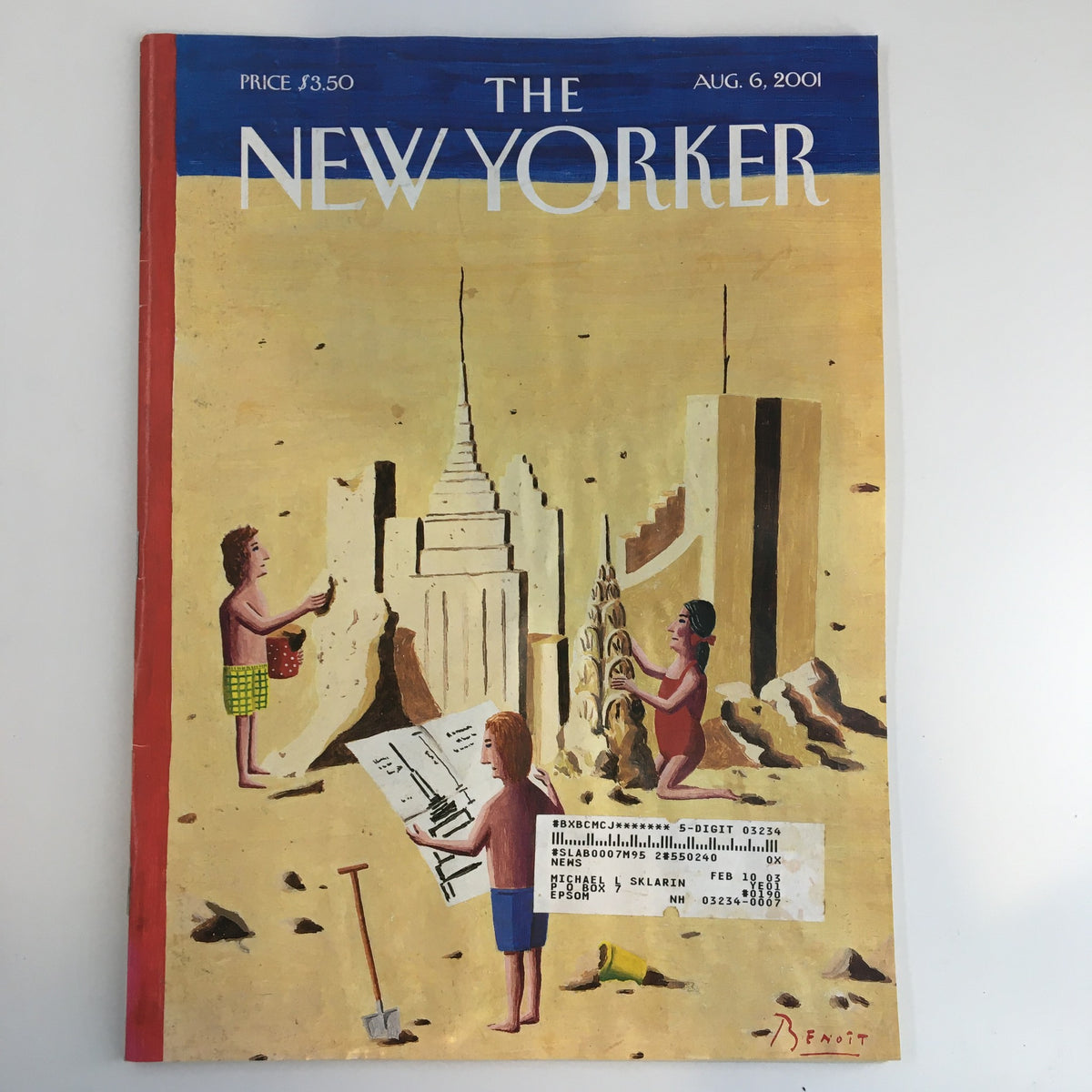 Cover of The New Yorker Full Magazine August 6 2001 featuring young architects illustrating architectural concepts with playful imagery by Benoit van Innis.