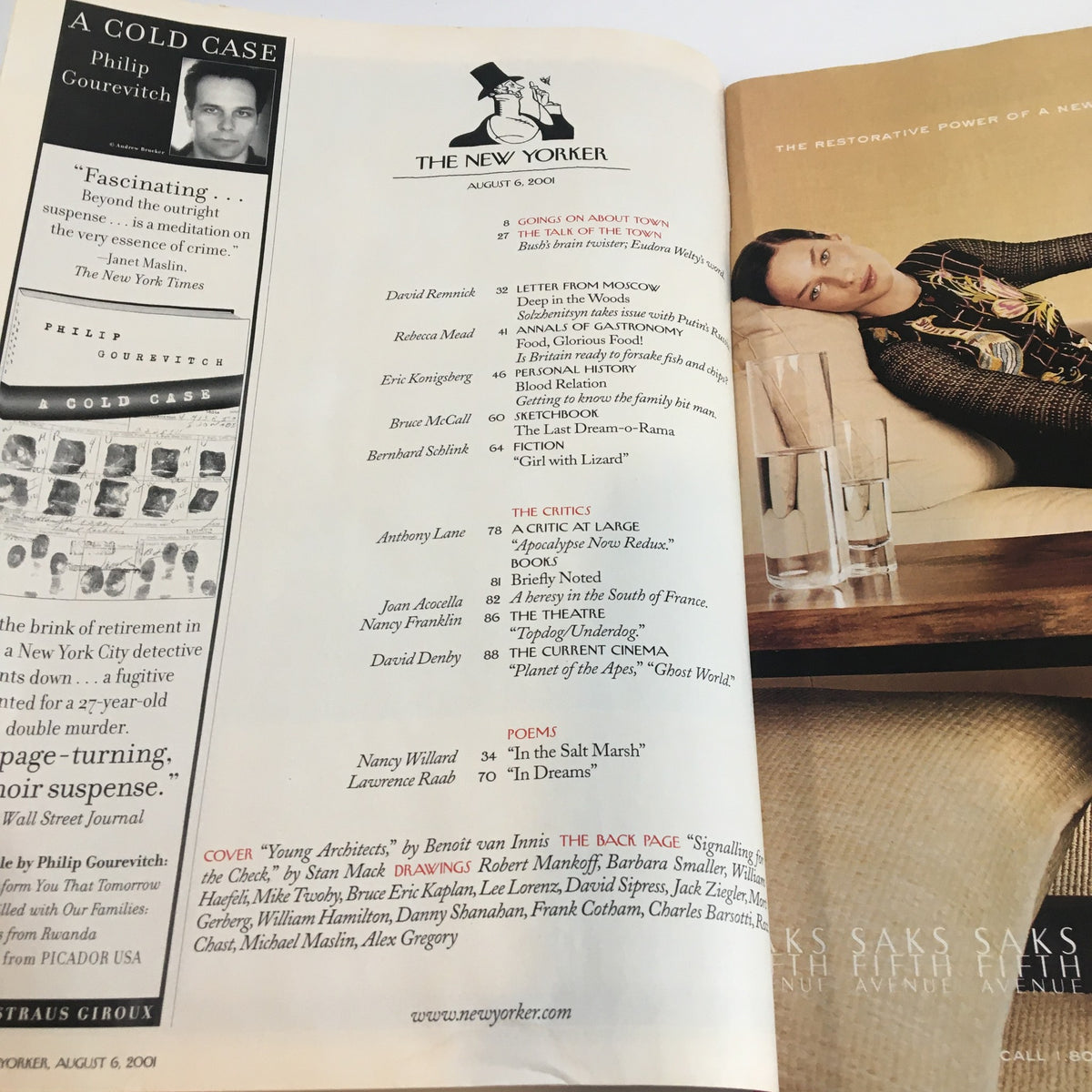 Interior page of The New Yorker Full Magazine August 6 2001 featuring article contributions and editor listings including the article "Young Architects" by Benoit van Innis.