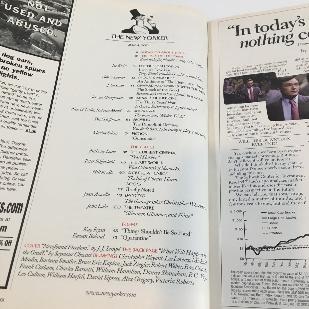 Inside page of The New Yorker Full Magazine June 4 2001 showcasing the table of contents, including contributions from various writers and the issue's highlights.