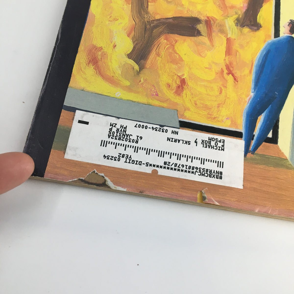 Close-up view of the bottom corner of The New Yorker Full Magazine November 10 2003, showing minor damage and an address label.