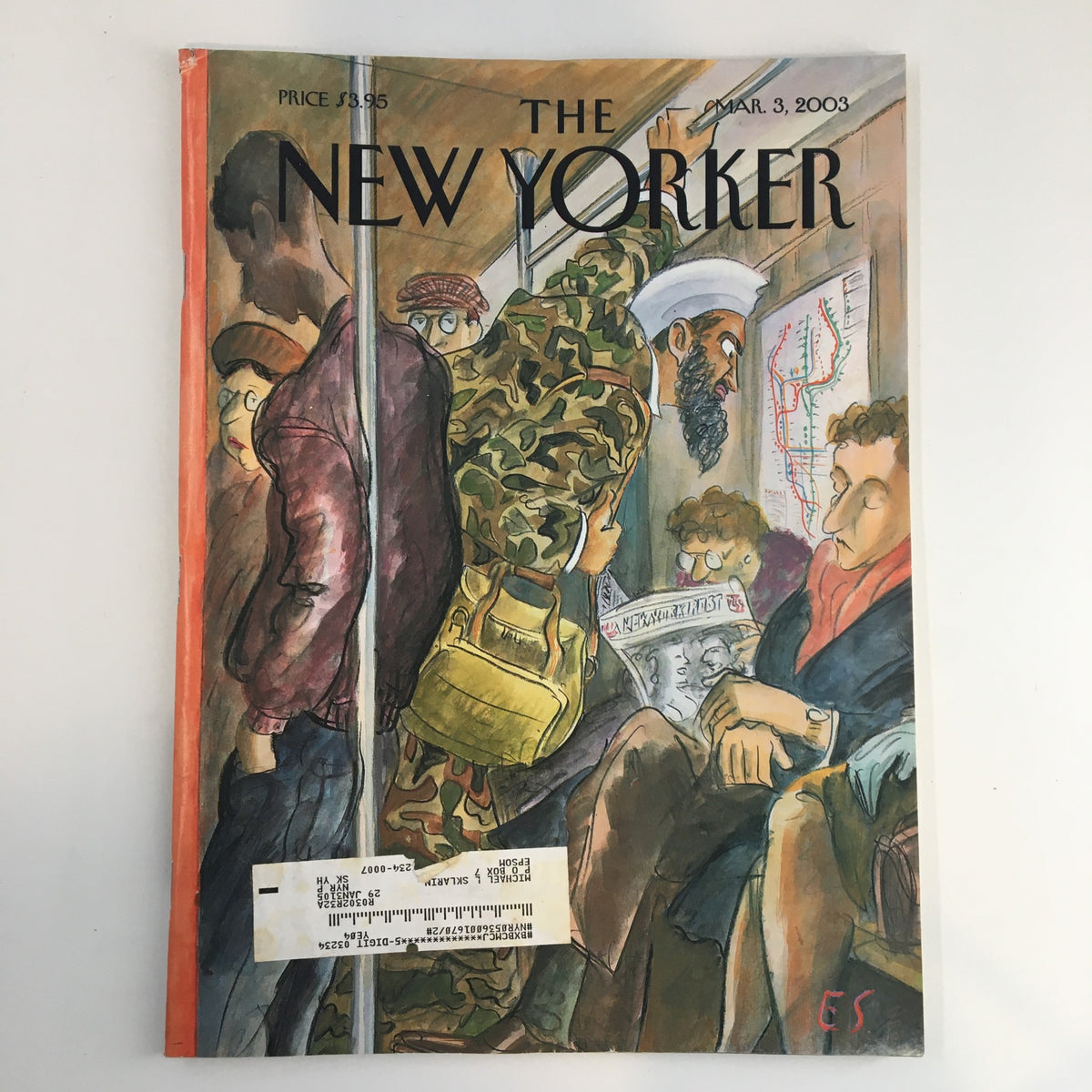 The New Yorker Full Magazine March 3 2003 featuring cover artwork 'Tourist' by Edward Sorel, depicting a busy subway scene with diverse characters and a distinct artistic style.