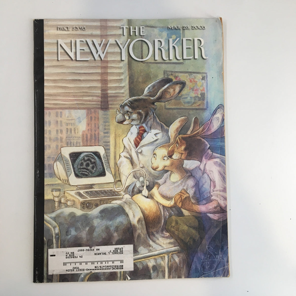 The New Yorker Full Magazine March 28 2005, featuring a whimsical cover by Peter de Seve, depicting rabbits in a doctor's office with a computer, symbolizing Easter themes.