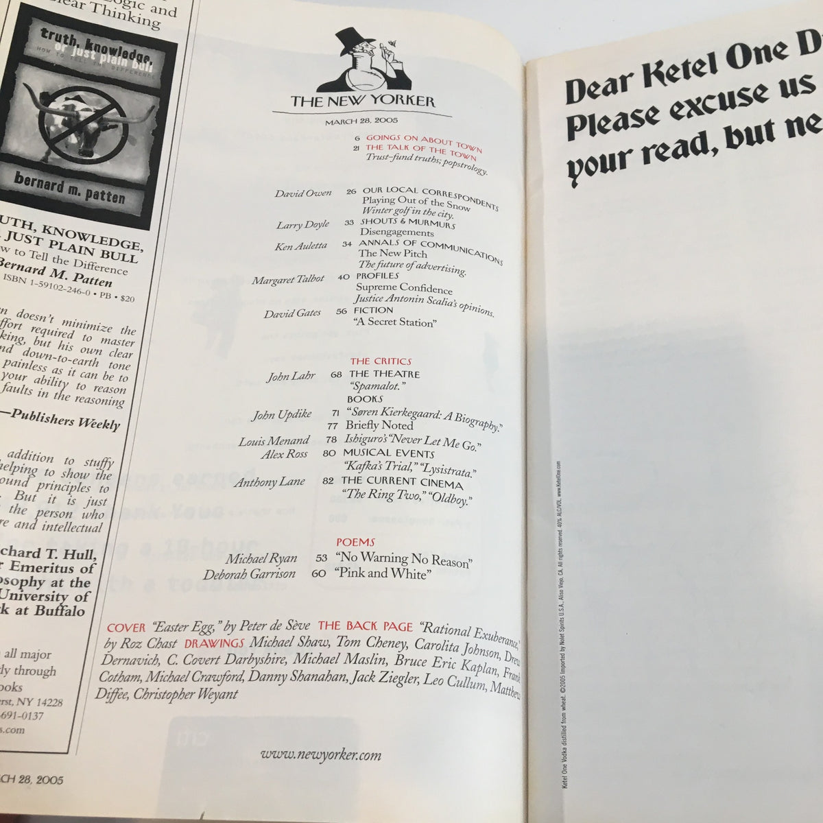 Internal pages of The New Yorker Full Magazine March 28 2005 featuring a table of contents and articles including Easter Egg cover by Peter de Seve.