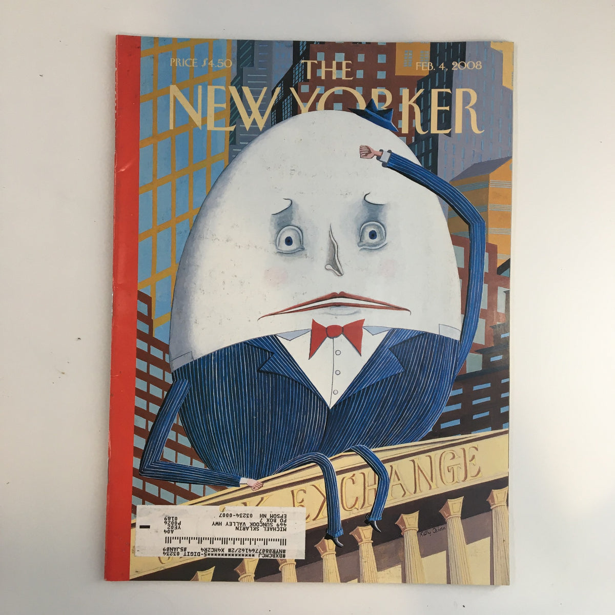 The New Yorker Full Magazine February 4 2008 cover featuring Humpty Dumpty illustration by Kathy Osborn, showcasing vibrant colors and a whimsical design.