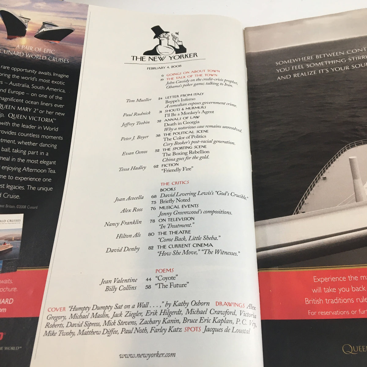 Interior page of The New Yorker magazine from February 4, 2008, showcasing the contents including articles such as 'Humpty Dumpty' by Kathy Osborn and features from various contributors.