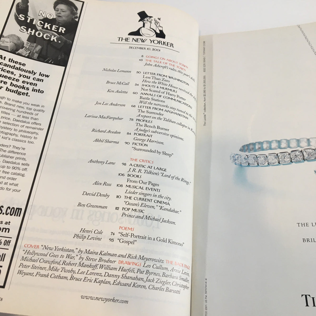 The New Yorker magazine interior page from December 10, 2001, displaying the table of contents and featuring articles including 'Self-Portrait in a Gold Kimono' and 'Letter from Alaska', highlighting the magazine's rich literary offerings.