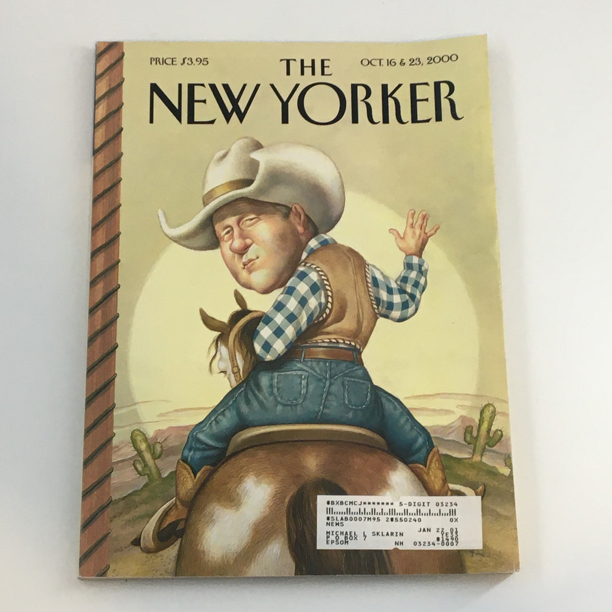 The New Yorker Full Magazine October 16 2000 featuring artwork 'West Side Cowboy' by Ana Juan, showcasing a cowboy character on horseback in a warm, nostalgic illustration.