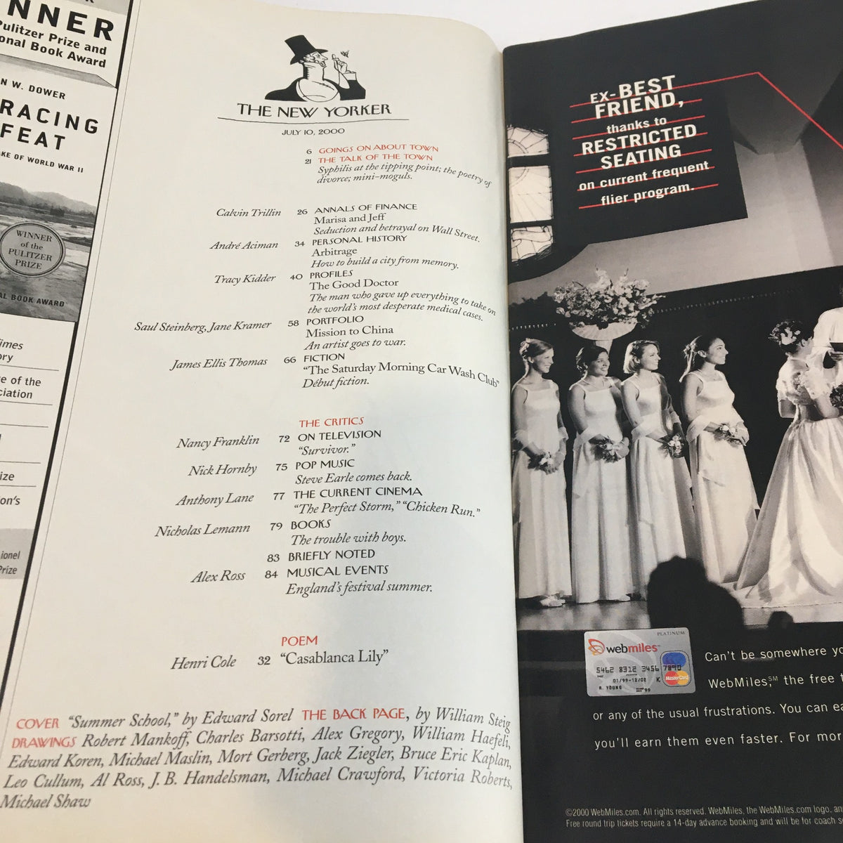 Inside page of The New Yorker Full Magazine July 10 2000, showcasing the contents including articles and a poem titled 'Casablanca Lily', reflecting the magazine's summer theme.