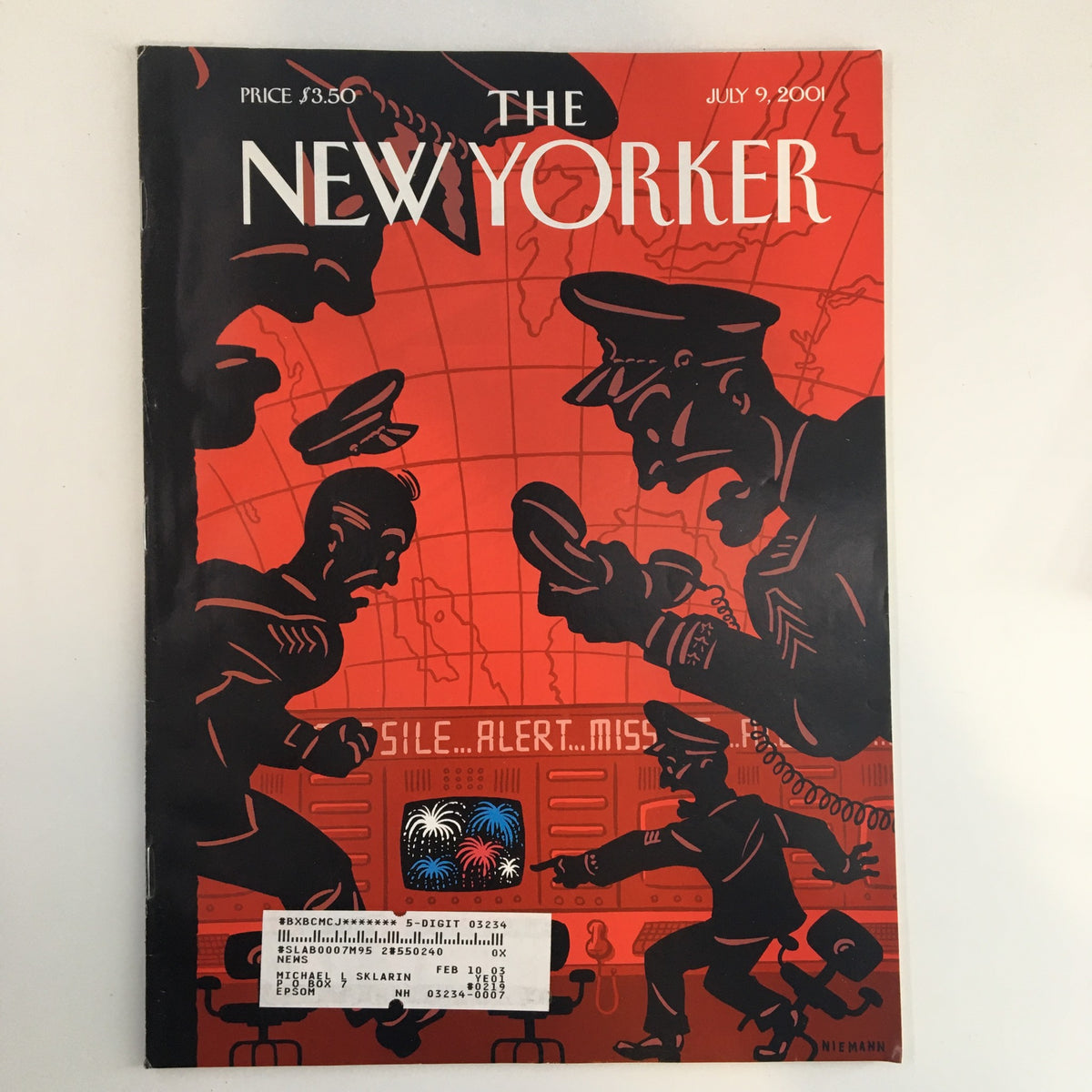 The New Yorker Full Magazine July 9 2001 featuring the cover art 'Star Wars & Stripes Forever' by C. Niemann, showcasing a striking illustration of figures in military uniforms against a bold red backdrop.