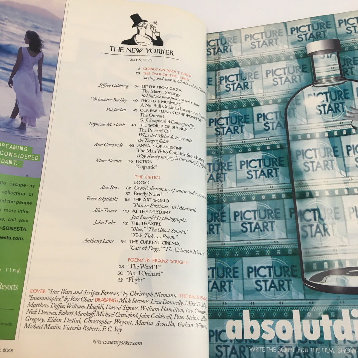 Inside page of The New Yorker Full Magazine July 9 2001, displaying the table of contents, highlighting various articles and contributors, and illustrating the publication's classic design aesthetics.