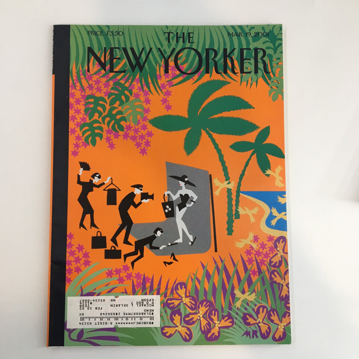 The New Yorker Full Magazine March 19, 2001 cover featuring vibrant artwork by Michael Roberts, depicting a stylish scene with figures in a lush, tropical setting.
