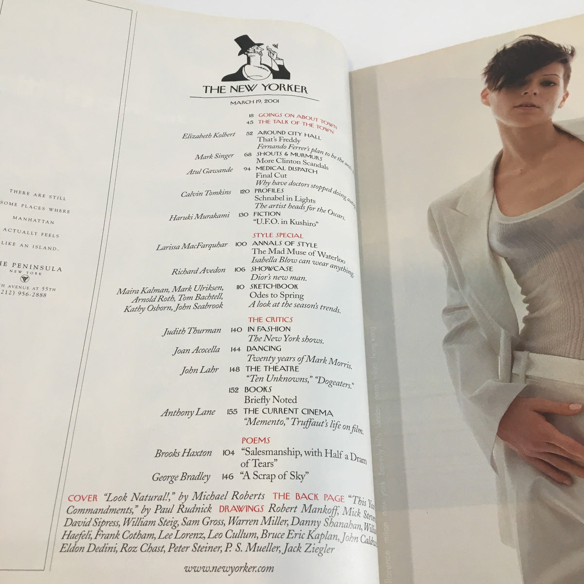 The New Yorker Full Magazine March 19, 2001 interior page showcasing the table of contents, featuring articles and illustrations including the cover story 'Look Natural' by Michael Roberts.