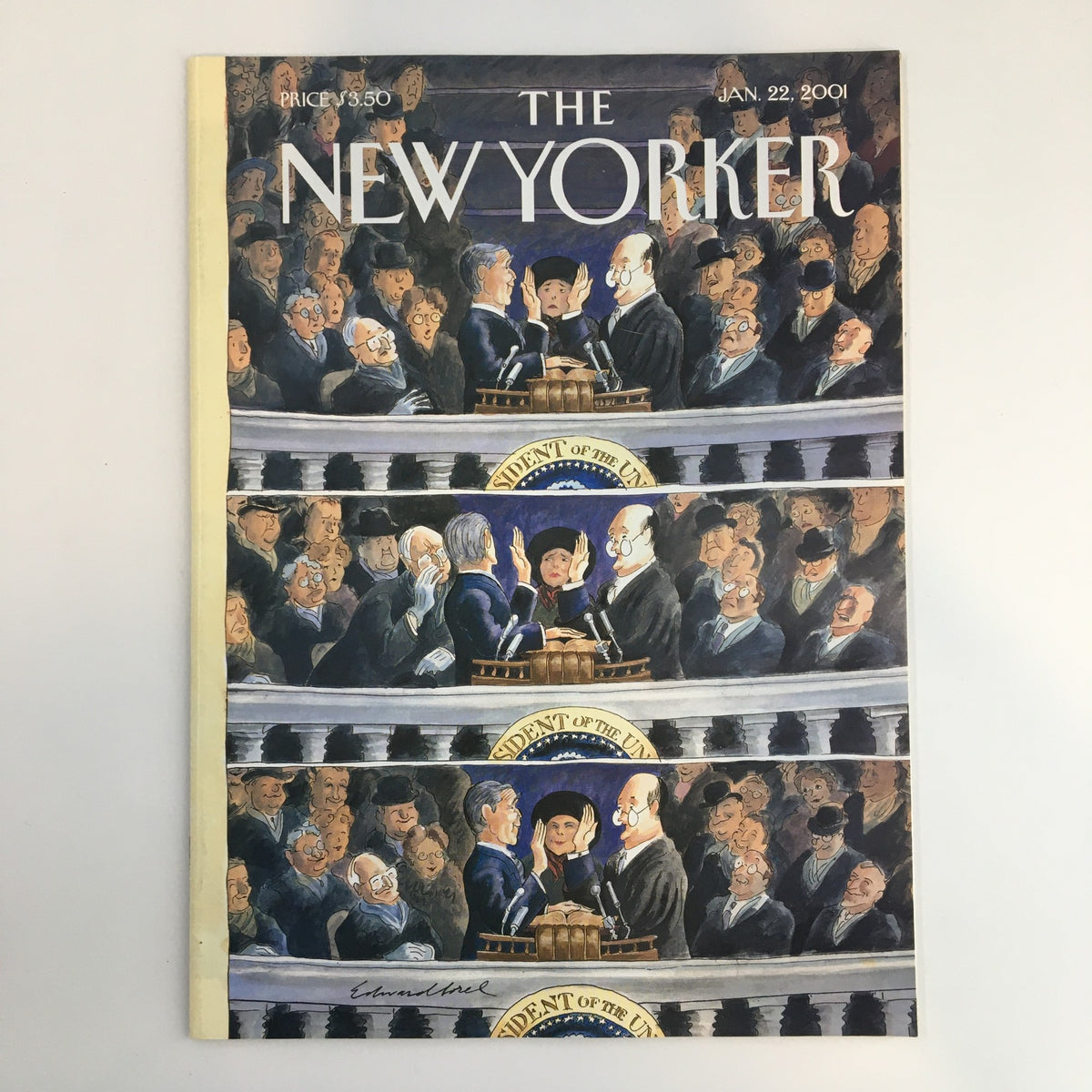 The New Yorker Magazine Cover January 22 2001 featuring the artwork 'Slip of State' by Edward Sorel, depicting a political scene with a large crowd in a dramatic setting.