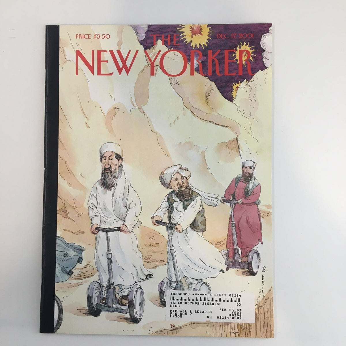 The New Yorker Full Magazine December 17, 2001 featuring the cover illustration 'The Low Road' by Barry Blitt, depicting figures on scooters in a whimsical landscape.