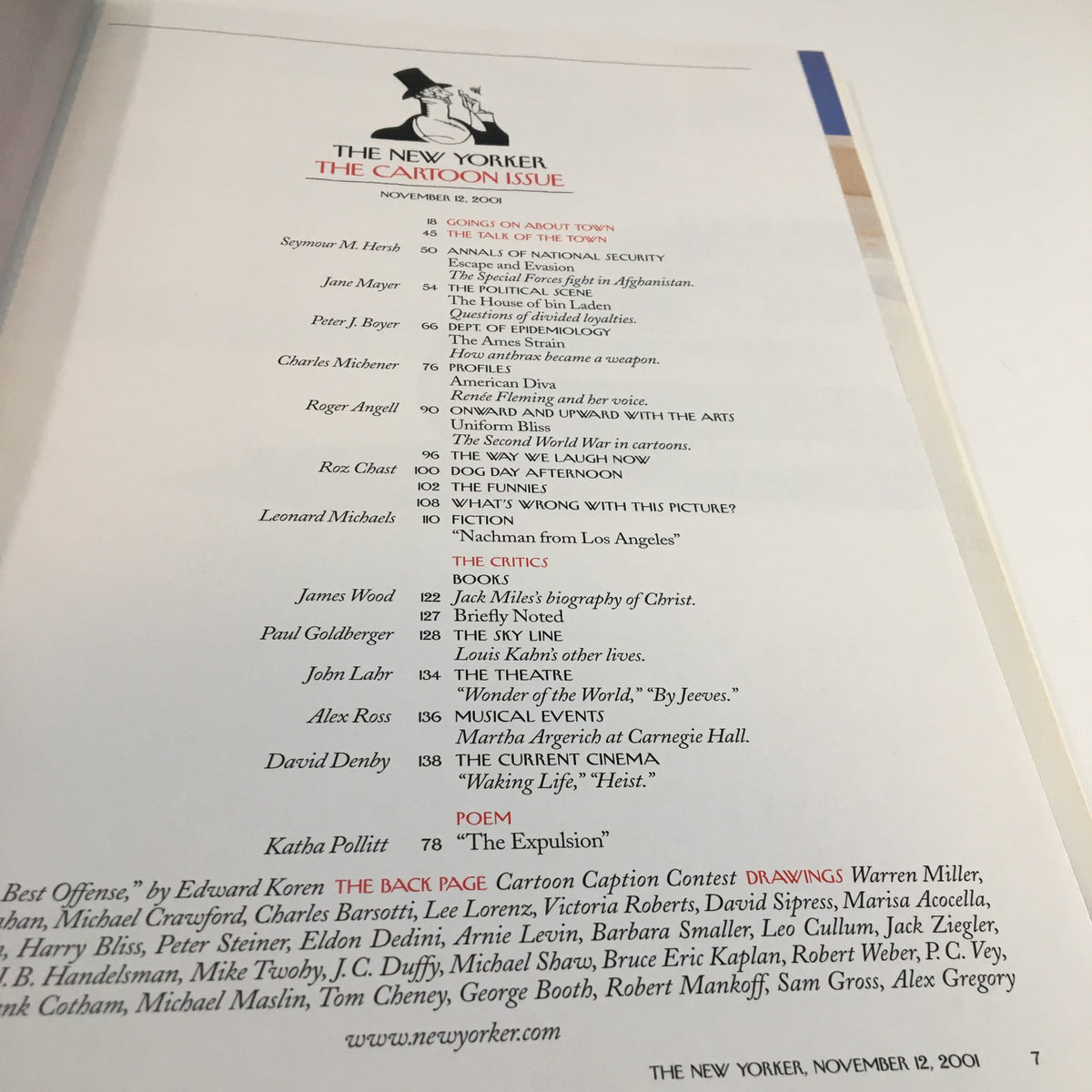 The New Yorker Full Magazine November 12, 2001 contents page, highlighting various articles and cartoons including 'Best Offense' by Edward Koren.