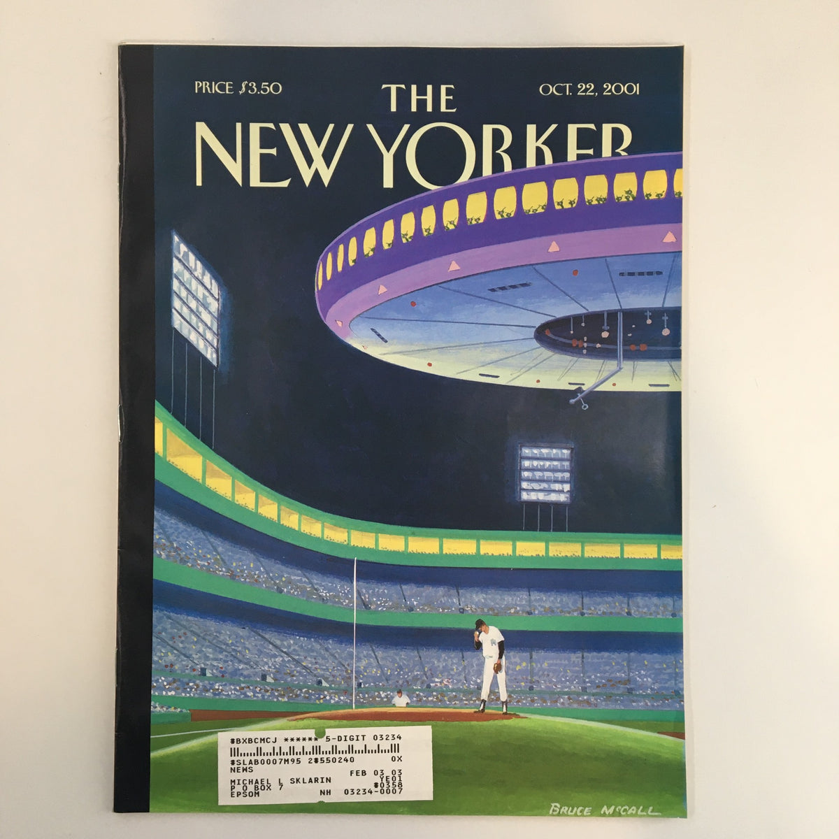 Cover of The New Yorker Full Magazine October 22 2001 featuring the Sky Box artwork by Bruce McCall, showcasing a vivid illustration of a baseball scene in a stadium.