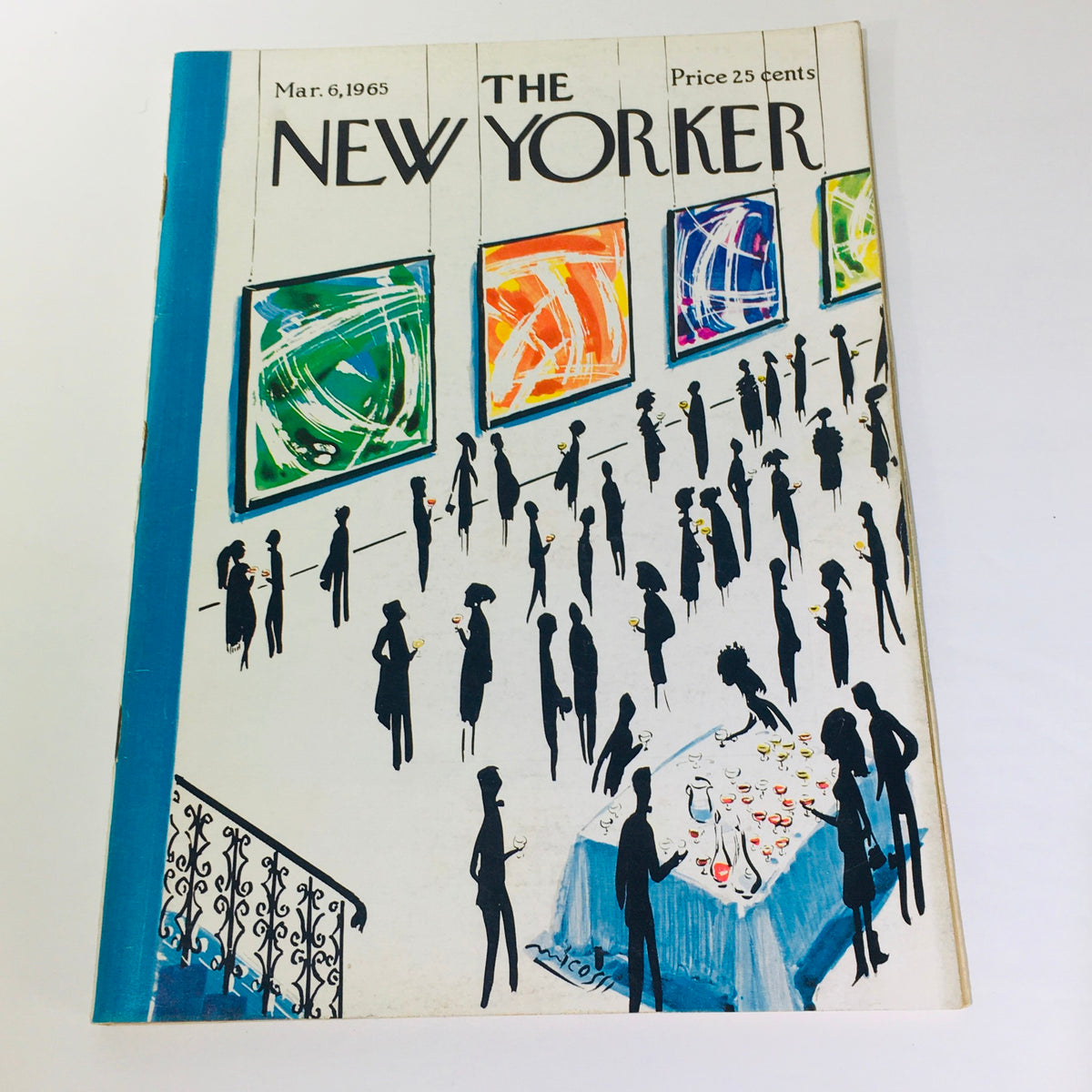 The New Yorker: March 6, 1965 full magazine cover featuring artwork by Mario Micossi, depicting a social gathering with silhouettes of people, colorful art pieces in an exhibition, and a table set with drinks.