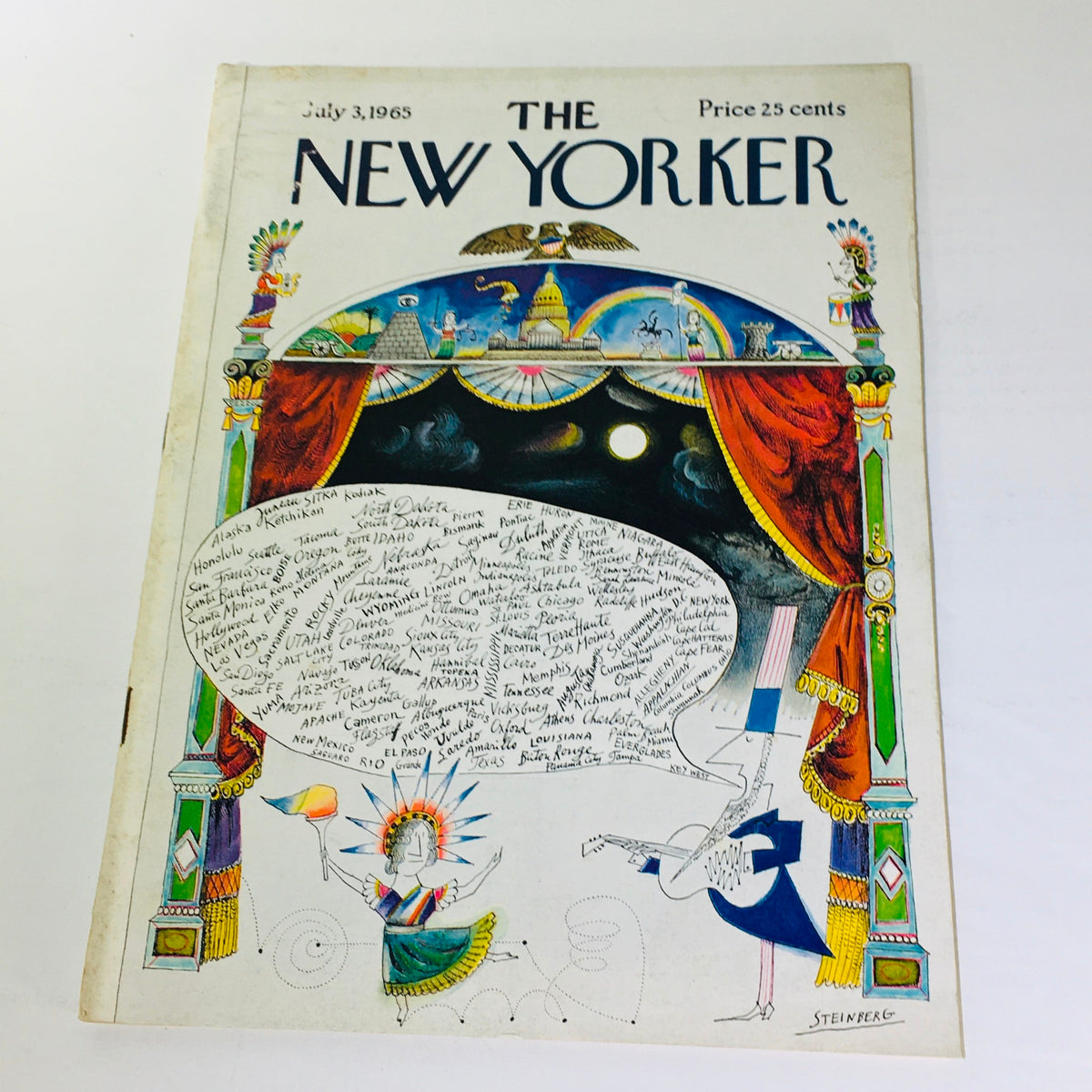 Cover of The New Yorker magazine from July 3, 1965, featuring a colorful illustration by Saul Steinberg, showcasing a whimsical scene with artistic elements and unique typography.