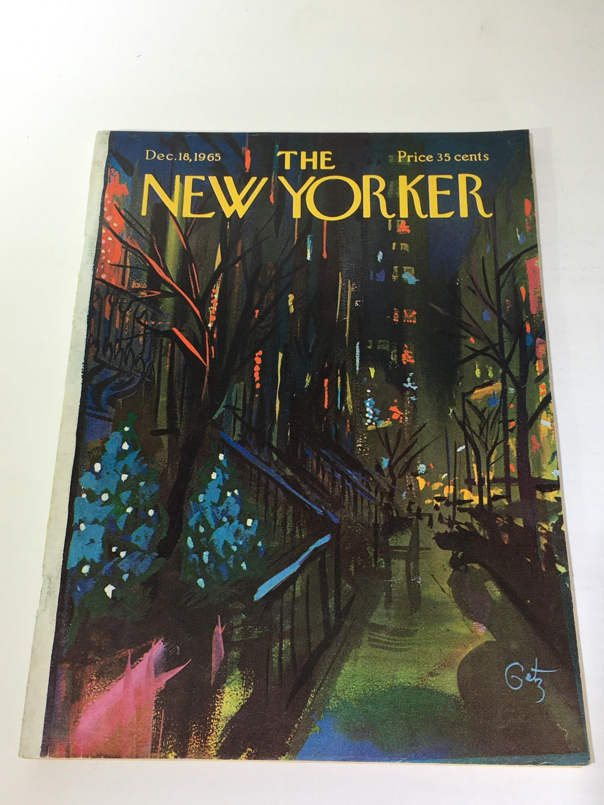 The New Yorker: December 18 1965 magazine cover illustrated by Arthur Getz, showcasing a vibrant city scene with colorful trees and a night setting.