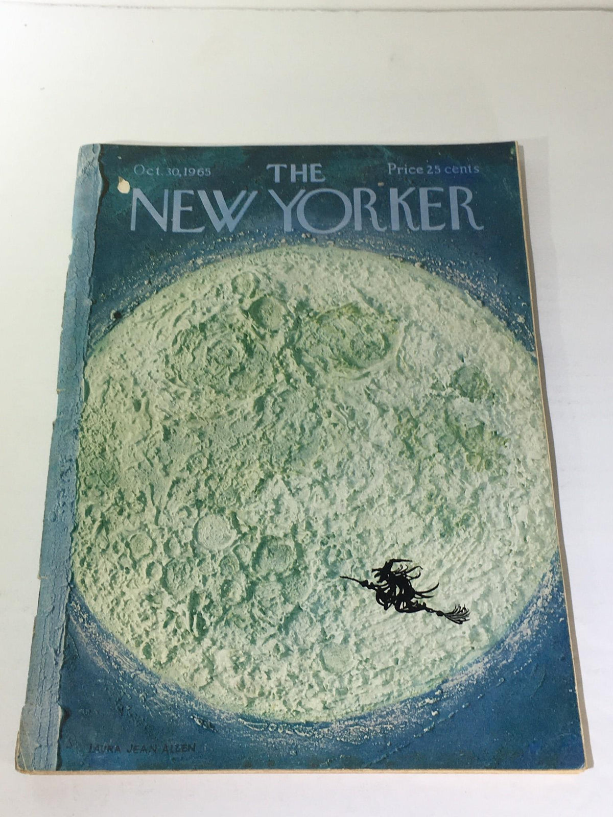The New Yorker: October 10 1965 full magazine cover illustrated by Laura Jean Allen featuring a textured moon and whimsical silhouette in an artistic design.