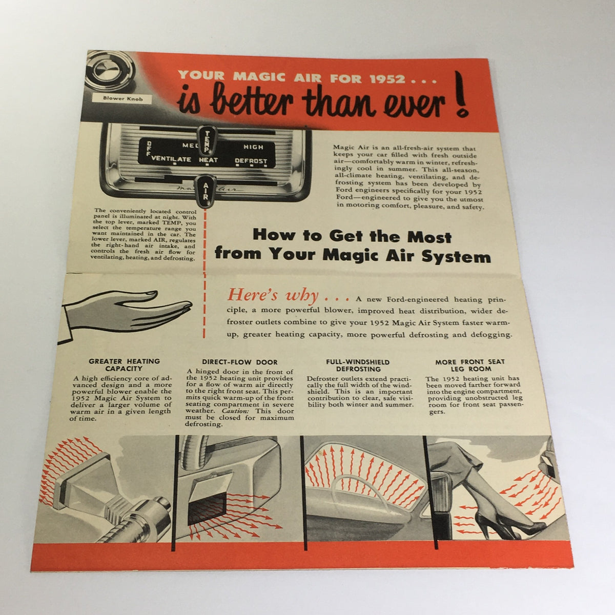 Interior page of the Vintage 1952 Ford Magic Air System Warm Full-Windshield Defrosting Car Catalog illustrating features and benefits of the Magic Air System.