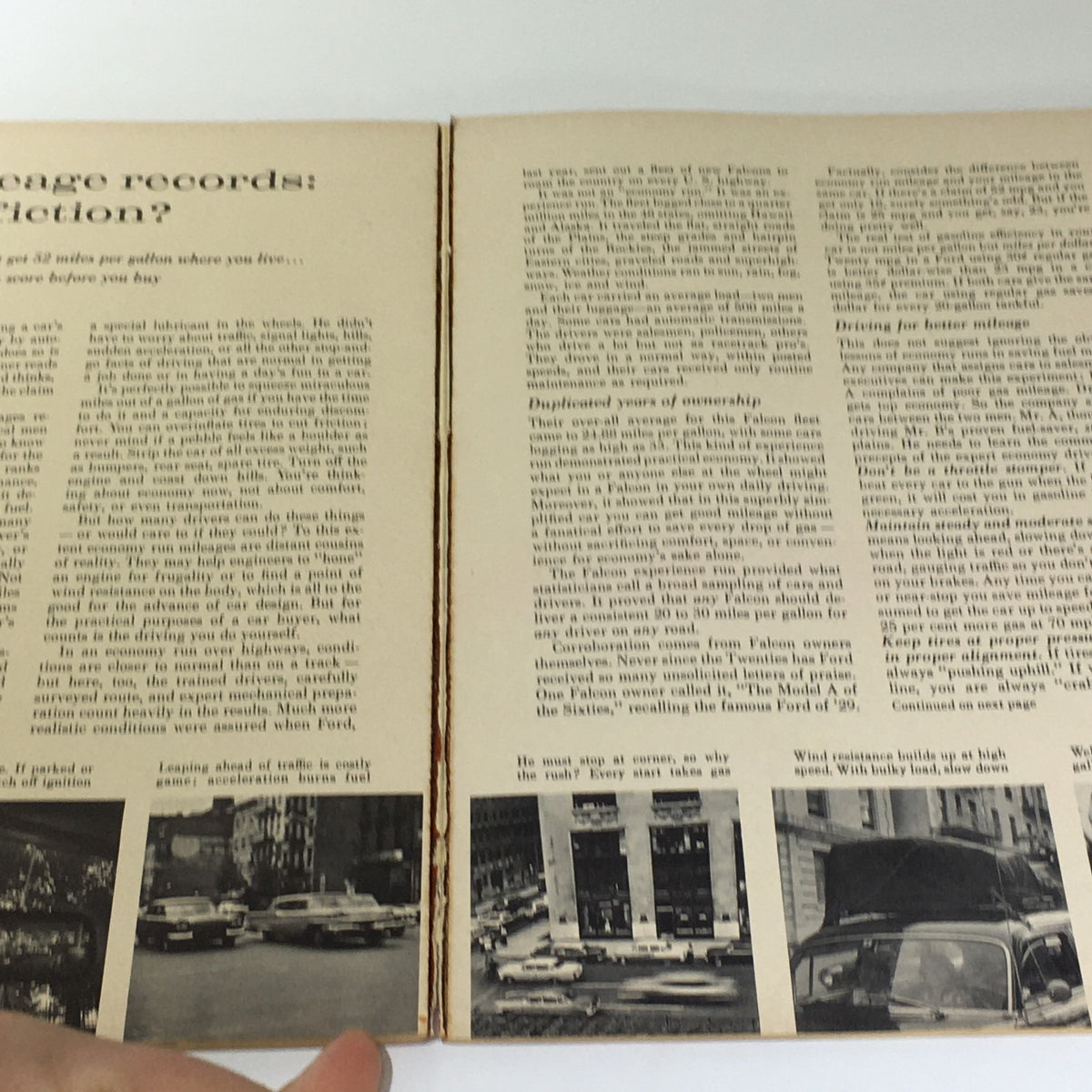 Interior pages of Vintage 1961 3rd Year of Buyer's Digest of New Car Facts Car Catalog Brochure, discussing gas mileage records and featuring black and white images of cars.