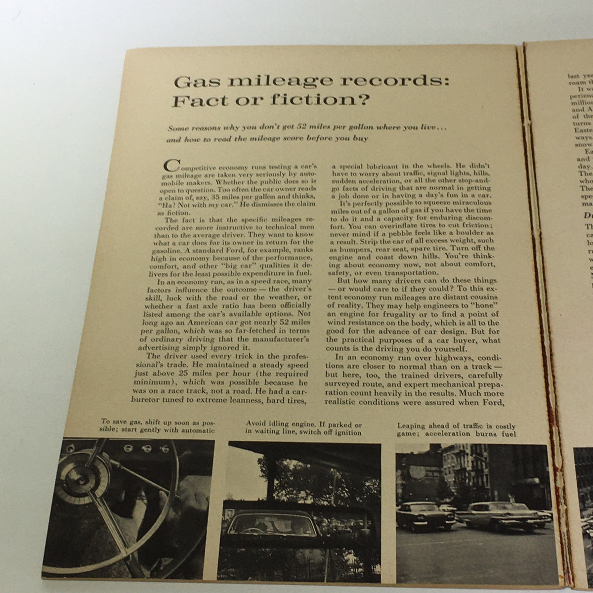 Page from Vintage 1961 3rd Year of Buyer's Digest of New Car Facts Car Catalog Brochure, detailing gas mileage records with images of vintage cars.