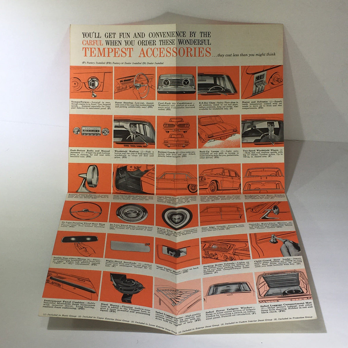 Inside view of the Vintage 1961 Accessories To Add for your Tempest - Wheel Trim Rings Car Catalog displaying various Tempest accessories with illustrations and descriptions for enhancing convenience and enjoyment.