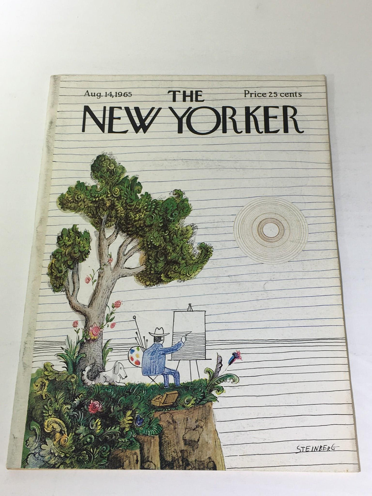 The New Yorker: August 14 1965 Full Magazine cover featuring a whimsical illustration by Saul Steinberg, depicting an artist painting in nature with a tree and flowers.