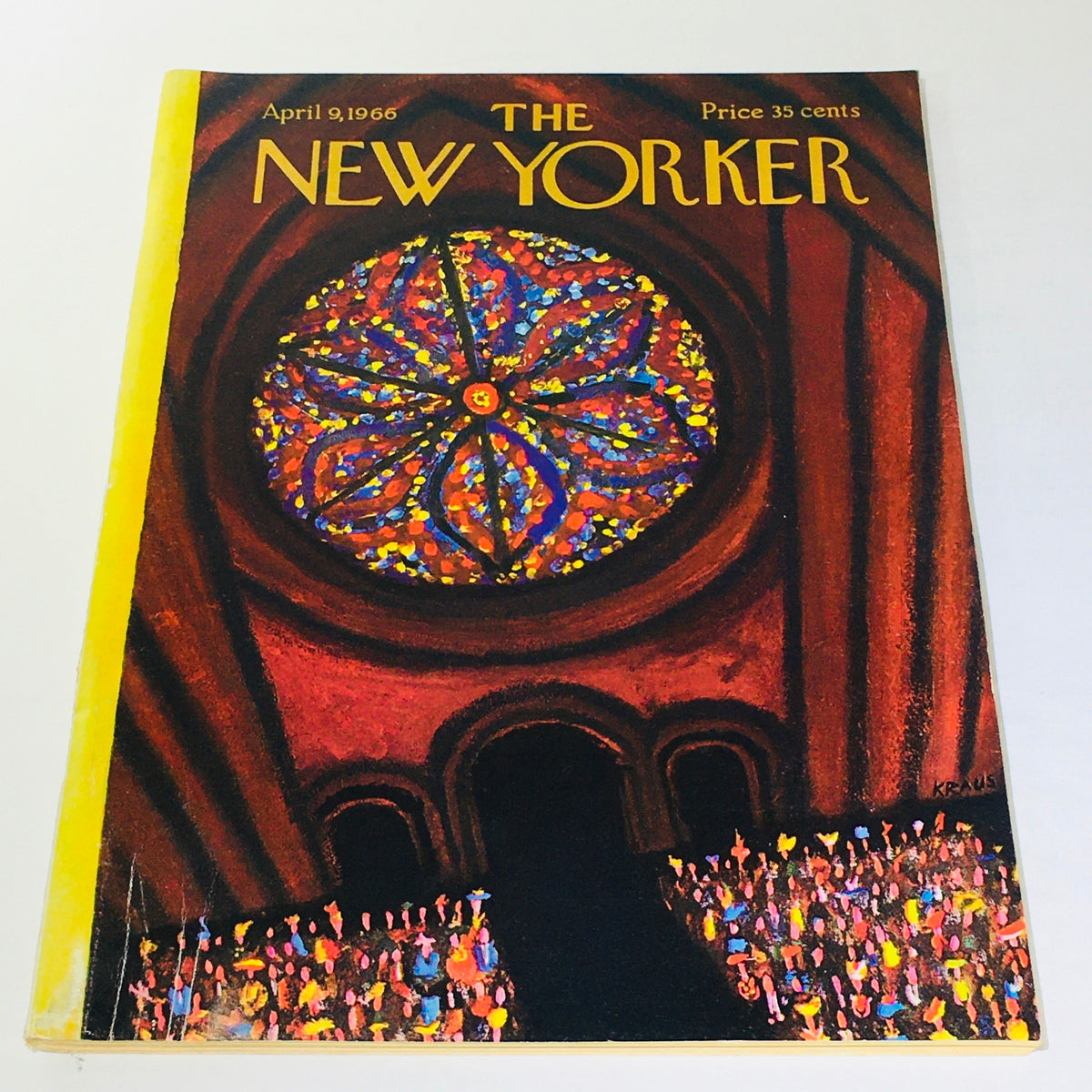 Cover of The New Yorker magazine dated April 9, 1966, featuring vibrant artwork by Robert Kraus, showcasing a colorful stained glass theme and a captivated audience.
