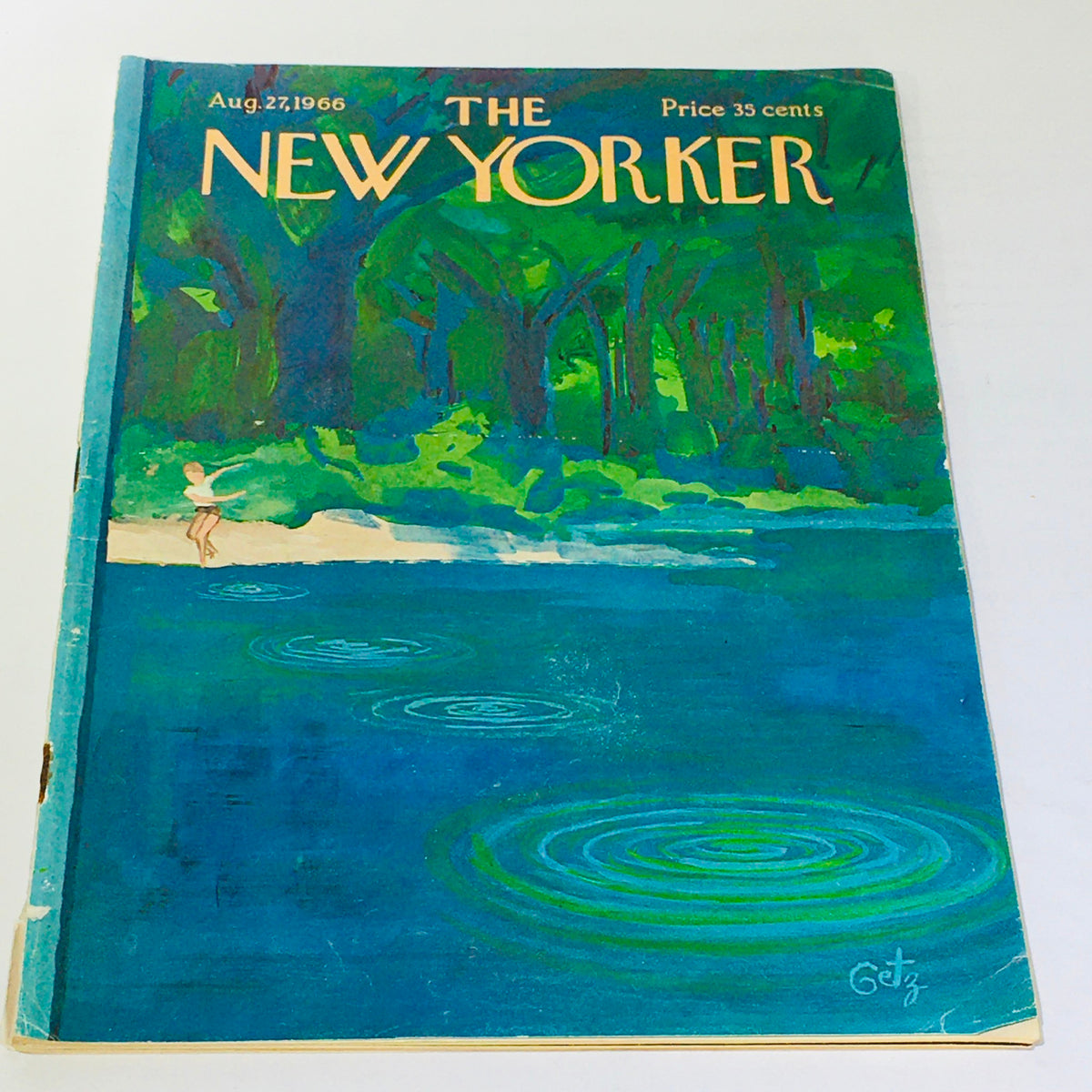 Cover of The New Yorker magazine from August 27, 1966, featuring a lush green landscape and a girl on the shore, designed by Arthur Getz.