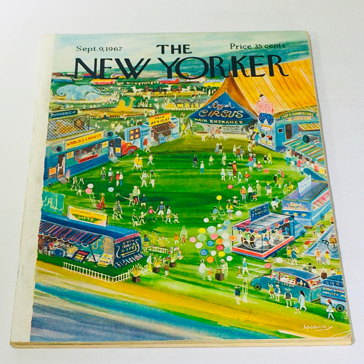 Cover of The New Yorker magazine from September 9, 1967, featuring a colorful illustration by Anatol Kovarsky depicting a lively scene with a circus, vibrant vendors, and people enjoying a fair-like atmosphere.