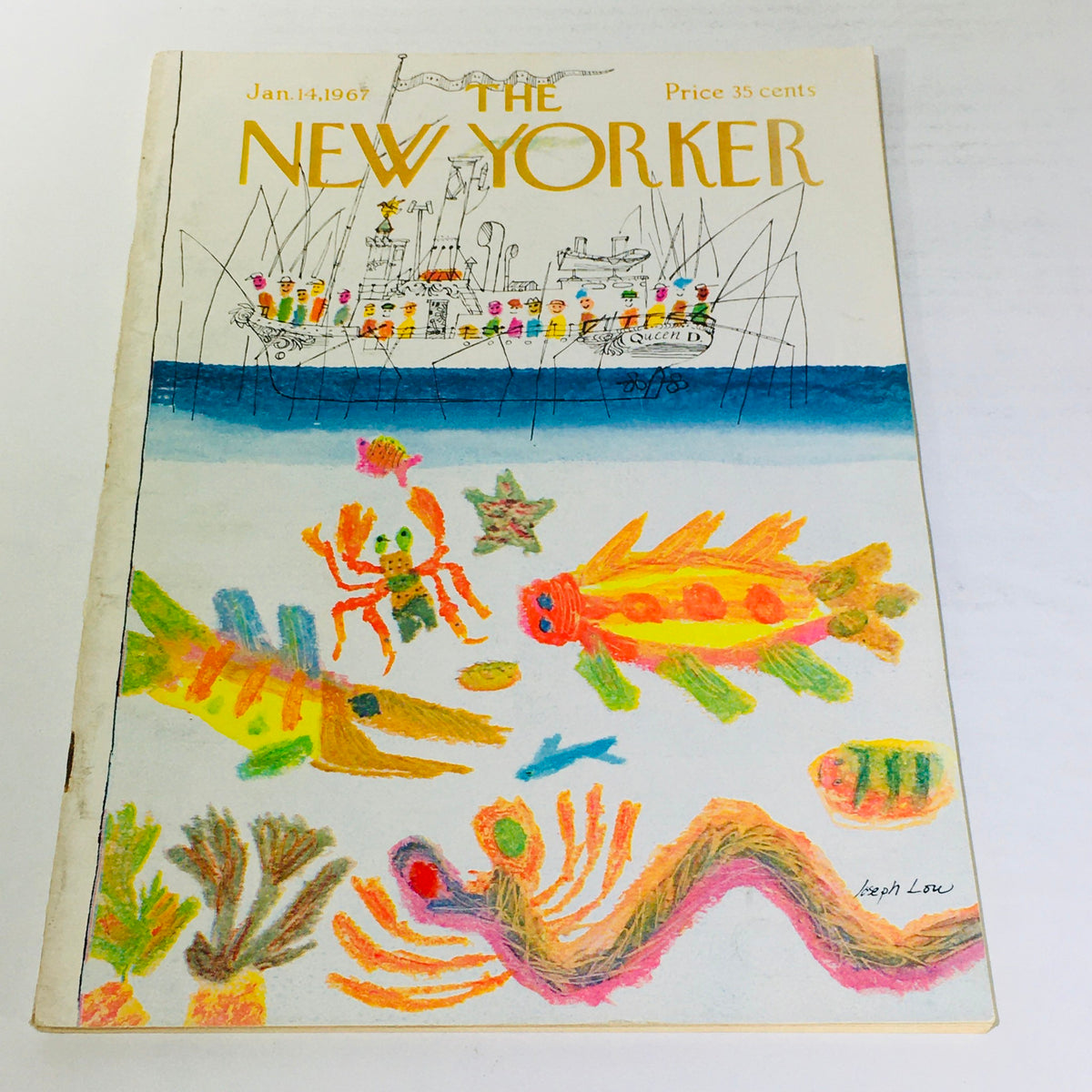 The New Yorker: January 14 1967 Full Magazine cover featuring vibrant artwork by Joseph Low, depicting marine life and a ship, reflecting the creative style of the 1960s.