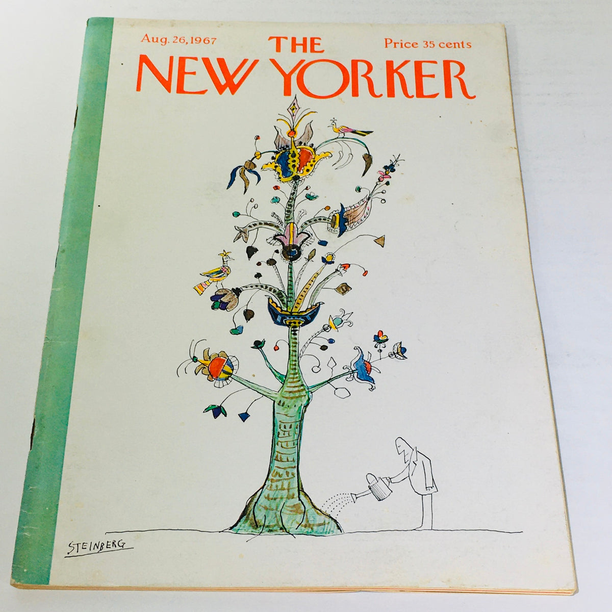 The New Yorker magazine cover from August 26, 1967, featuring an artistic illustration by Saul Steinberg, depicting a whimsical tree with colorful designs and a person watering its base.