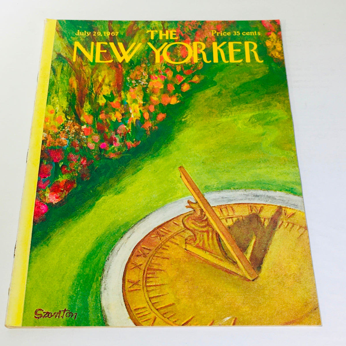 Cover of The New Yorker magazine from July 29, 1967, featuring a vibrant illustration of a sundial surrounded by colorful flowers, highlighting the artistic work of Beatriz Szanton.