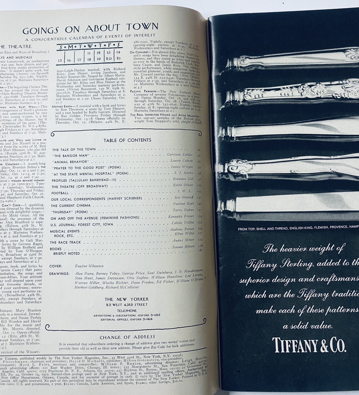 Inside spread of The New Yorker Magazine October 14, 1972, showcasing the Table of Contents and advertisements, including a Tiffany & Co. feature.