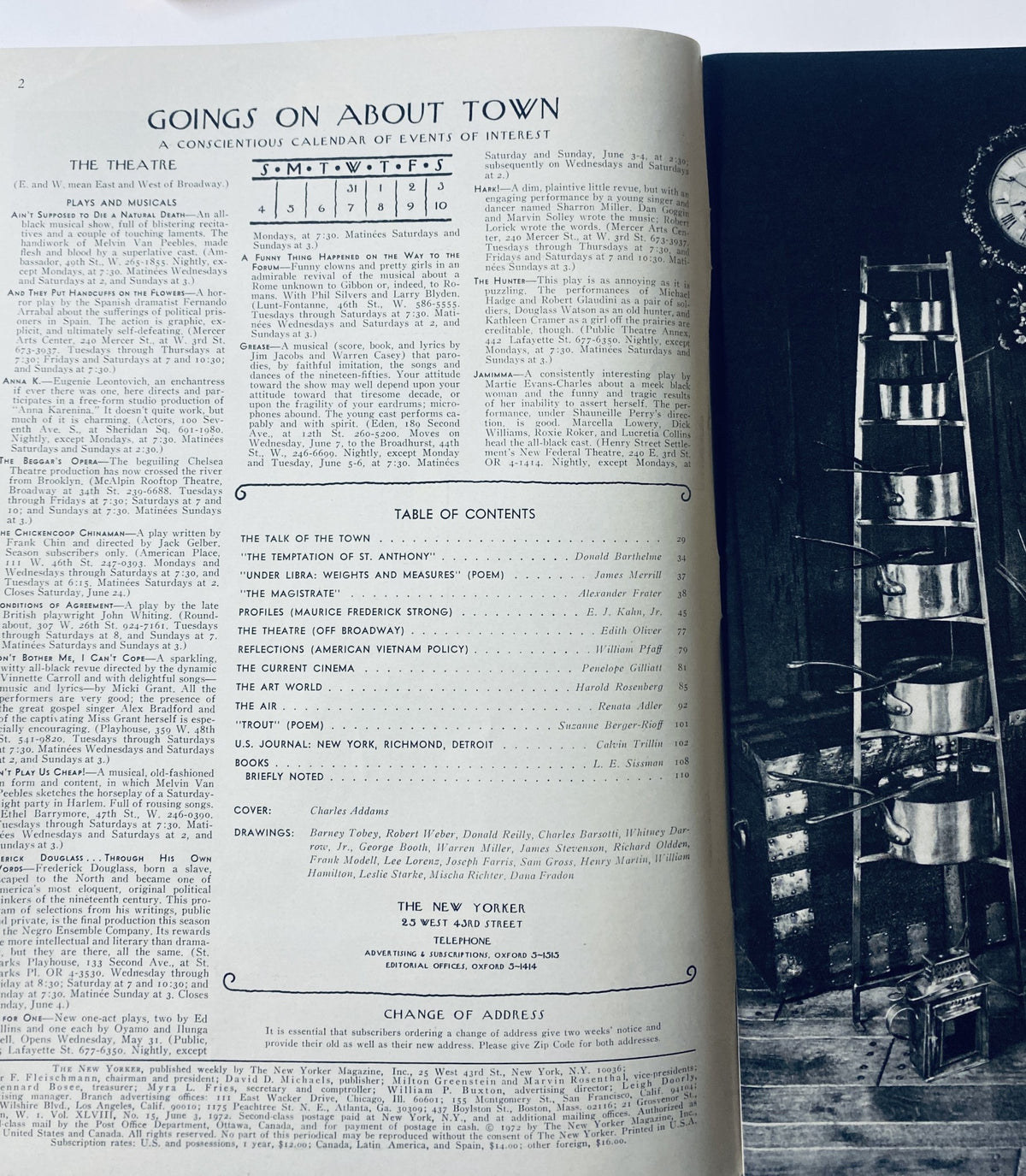 Interior page from The New Yorker Magazine June 3, 1972 showcasing the table of contents, including sections like 'Goings on About Town' and 'The Temptation of St. Anthony'.