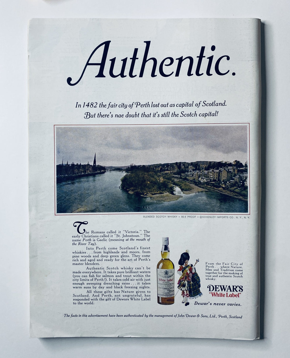 The New Yorker Magazine November 11, 1972 featuring a back cover advertisement for Dewar's White Label Scotch whisky with the caption 'Authentic.' The image includes a scenic view of Perth, Scotland, showcasing its landscape and historical significance.