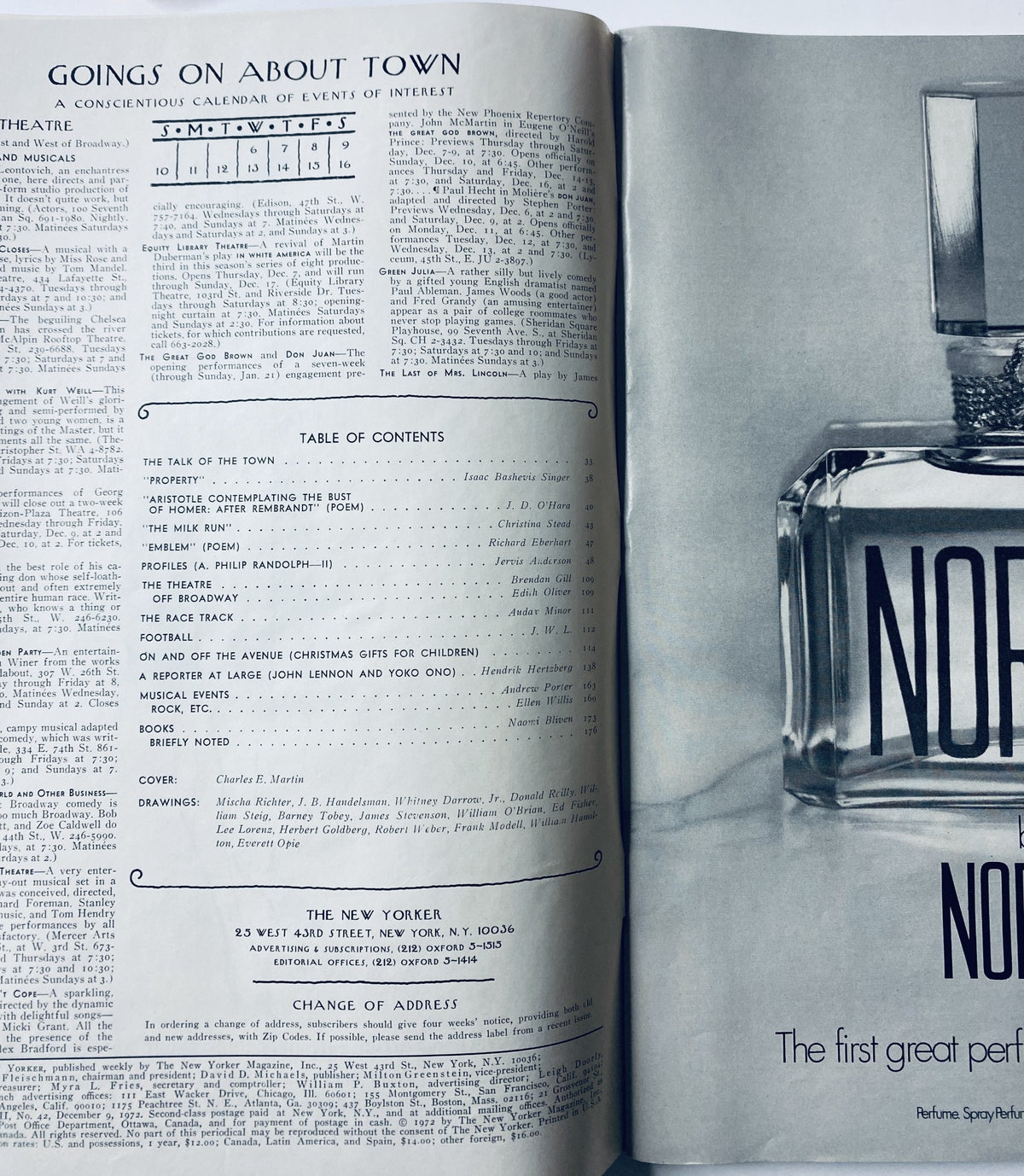 The New Yorker Magazine December 9, 1972 with a feature on the Table of Contents and an article titled 'THE TALK OF THE TOWN,' showcasing Isaac Bashevis Singer's 'PROPERTY' and a poem by J. D. O’Hara, along with advertisements.