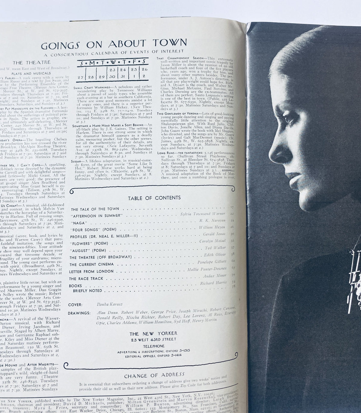 Inside view of The New Yorker Magazine, August 26, 1972, showcasing the 'Goings On About Town' section including the Table of Contents.