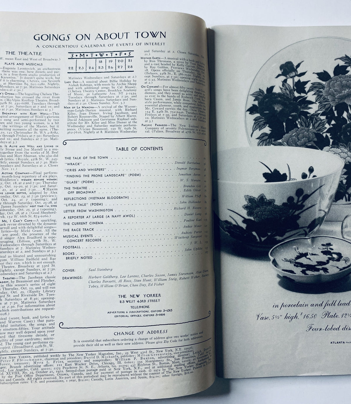 An interior spread from The New Yorker Magazine October 21, 1972 featuring table of contents and events calendar, showcasing the magazine's classic typography and design.